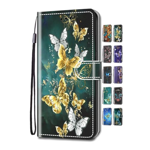 UCool für Apple iPhone 7 8 SE 2020 2022 Hülle PU Leder Flip Klappbar Lederhülle Schutzhülle 3D Grün Gold Schmetterling Bunt Muster Wallet Cover Flip Case Handyhülle mit Kartenfach Tasche Etui von UCool