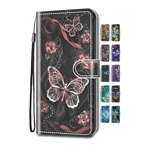 UCool für Apple iPhone 7 8 SE 2020 2022 Hülle PU Leder Flip Klappbar Lederhülle Schutzhülle 3D Schwarz Rot Schmetterling Bunt Muster Wallet Cover Flip Case Handyhülle mit Kartenfach Tasche Etui von UCool