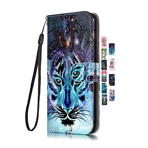 UCool für Apple iPhone X XS Hülle PU Leder Flip Klappbar Lederhülle Schutzhülle 3D Bunte Muster Wallet Cover Case Handyhülle [Kartenfach] Tasche Etui Handytasche Blau Tiger von UCool