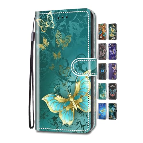 UCool für Apple iPhone X XS Hülle PU Leder Flip Klappbar Lederhülle Schutzhülle 3D Gold Grün Schmetterling Bunt Muster Wallet Cover Flip Case Handyhülle mit Kartenfach Tasche Etui von UCool