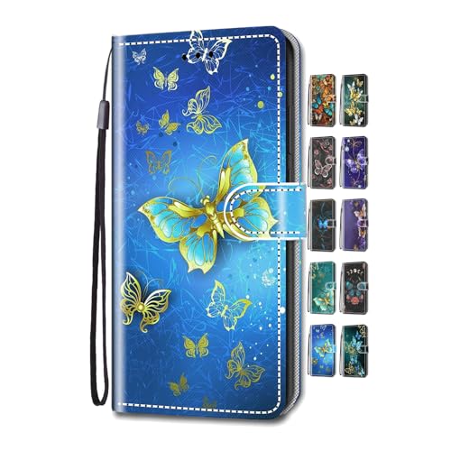 UCool für Apple iPhone XR Hülle PU Leder Flip Klappbar Lederhülle Schutzhülle 3D Gold Blau Schmetterling Bunt Muster Wallet Cover Flip Case Handyhülle mit Kartenfach Tasche Etui von UCool