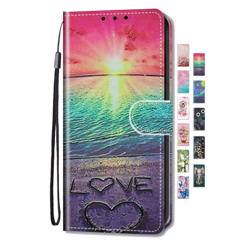 UCool für Huawei P30 Lite Hülle PU Leder Flip Klappbar Lederhülle Schutzhülle 3D Bunte Muster Wallet Cover Case Handyhülle [Kartenfach] Tasche Etui Handytasche Herz(Liebe)+Strand von UCool