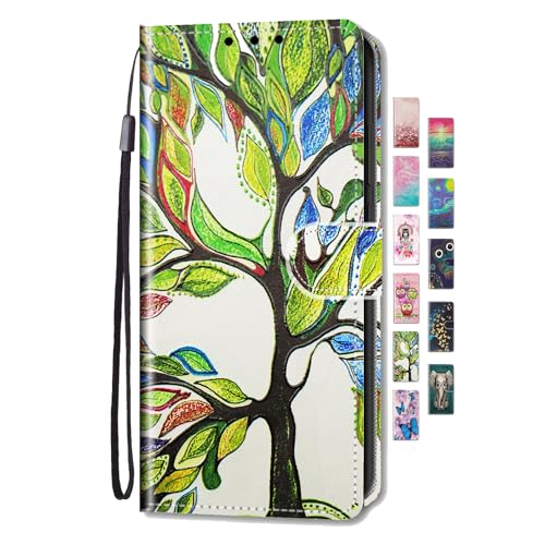 UCool für Samsung Galaxy A14 4G 5G Hülle PU Leder Flip Klappbar Lederhülle Schutzhülle 3D Bunte Muster Wallet Cover Case Handyhülle [Kartenfach] Tasche Etui Handytasche Baum des Lebens von UCool