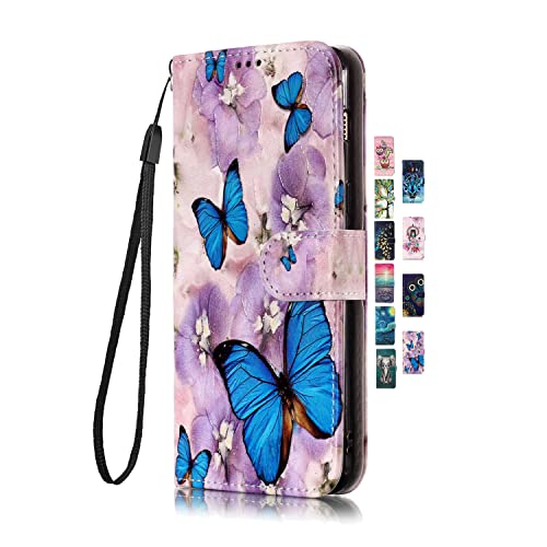 UCool für Samsung Galaxy A20E Hülle PU Leder Flip Klappbar Lederhülle Schutzhülle 3D Bunte Muster Wallet Cover Case Handyhülle [Kartenfach] Tasche Etui Handytasche Lila Schmetterling Blume von UCool