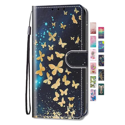 UCool für Samsung Galaxy A51 4G Hülle PU Leder Flip Klappbar Lederhülle Schutzhülle 3D Bunte Muster Wallet Cover Case Handyhülle [Kartenfach] Tasche Etui Handytasche Gold Schmetterling von UCool