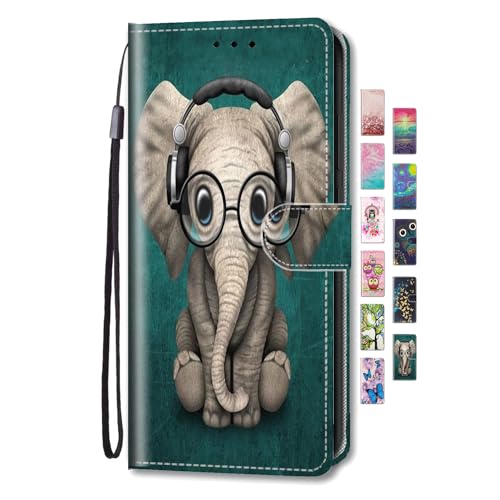 UCool für Samsung Galaxy A51 4G Hülle PU Leder Flip Klappbar Lederhülle Schutzhülle 3D Bunte Muster Wallet Cover Case Handyhülle [Kartenfach] Tasche Etui Handytasche Grüner Kopfhörer-Elefant von UCool