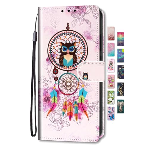 UCool für Samsung Galaxy A51 4G Hülle PU Leder Flip Klappbar Lederhülle Schutzhülle 3D Bunte Muster Wallet Cover Case Handyhülle [Kartenfach] Tasche Etui Handytasche Traumfänger Eule von UCool