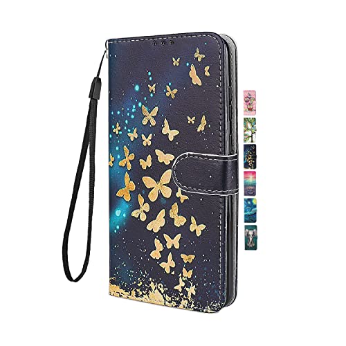 UCool für Samsung Galaxy S10 Plus Hülle PU Leder Flip Klappbar Lederhülle Schutzhülle 3D Bunte Muster Wallet Cover Case Handyhülle [Kartenfach] Tasche Etui Handytasche Gold Schmetterling Blau von UCool