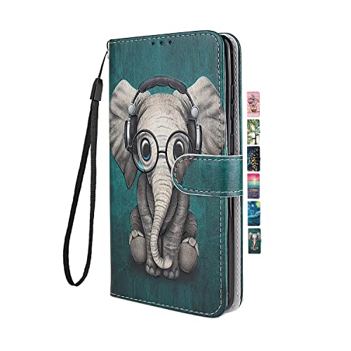 UCool für Samsung Galaxy S6 Hülle PU Leder Flip Klappbar Lederhülle Schutzhülle 3D Bunte Muster Wallet Cover Case Handyhülle [Kartenfach] Tasche Etui Handytasche Grün Kopfhörer Elefant von UCool