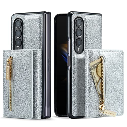 UDBKKDX 2 in 1 Handyhülle für Samsung Galaxy Z Fold 4, Glitzer abnehmbare Brieftasche und magnetische Adsorption Hülle Mattes Leder mit Ständer case Cover von UDBKKDX