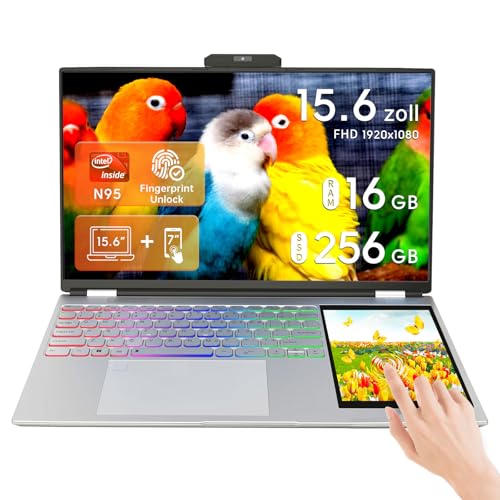 UDKED 15,6-Zoll LCD Bildschirm + 7 Zoll Touchscreen Laptop Computer für Studenten und Unternehmen, 16 GB DDR4, Quad-Core Intel N95, Windows 11 (Silber / 960GB) (englisches System) von UDKED