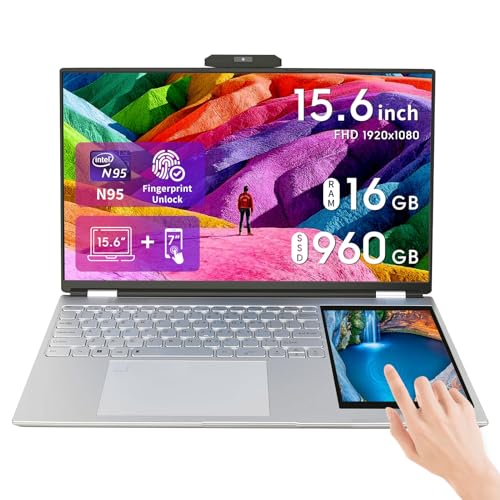 UDKED 15,6-Zoll LCD Bildschirm + 7 Zoll Touchscreen Laptop Computer für Studenten und Unternehmen, 16 GB DDR4, Quad-Core Intel N95, Windows 11 (Silber / 960GB) (englisches System) von UDKED
