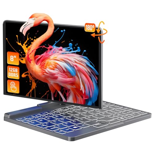 UDKED 8 Zoll 2 in 1 Mini-Laptop-Computer Ganzmetall-Touchscreen Windows 11 Notebook-PC, Intel N100 der 12. Generation, 12G DDR5, WiFi 6, Bluetooth 5.2, G-Sensor, 2MP Web, RJ45 (Grau, 12+256G) von UDKED