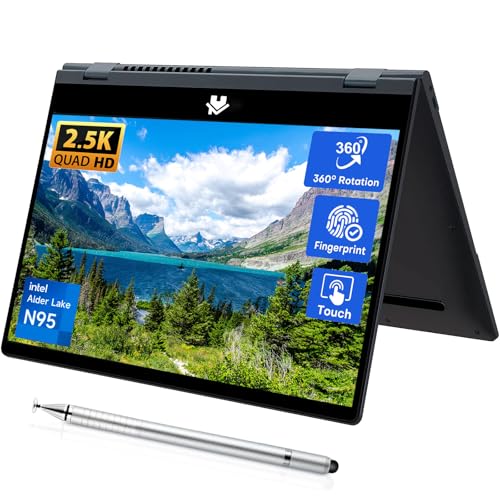 UDKED Yoga Laptop Convertible|14 Zoll Touch Display|2.5K（2560 x 1440） IPS|CPU-N95 (bis zu 3,4 GHz)|16 GB RAM|Windows 11 PRO|Inklusive Touch-Pen|Type-C(2000G, Grau) von UDKED