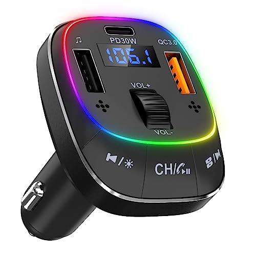 UEASE Bluetooth 5.3 FM Transmitter, Bluetooth Auto Radio Adapter, Metall 48W PD& QC3.0 Schnelles Autoladegerät mit Freisprecheinrichtung, Stärkere Dual-Mikrofone, Unterstützt USB-Stick, Ringlicht von UEASE