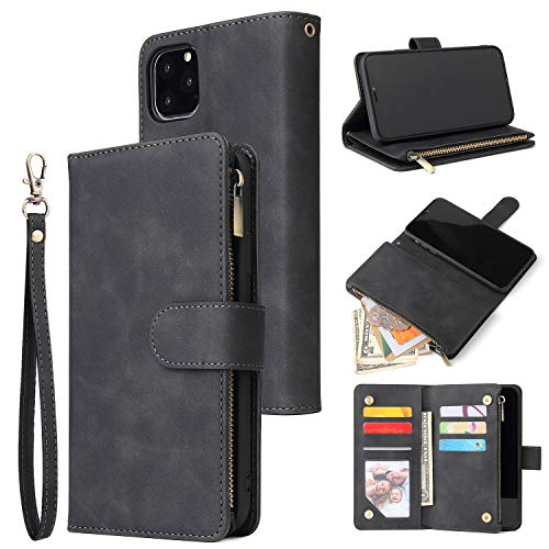UEEBAI Brieftaschen-Schutzhülle für iPhone 11 Pro, Premium-Vintage-PU-Leder, Magnetverschluss, Handtasche, Reißverschlusstasche, Ständer, Kartenfächer, TPU-Stoßfeste Klapphülle, Schwarz von UEEBAI