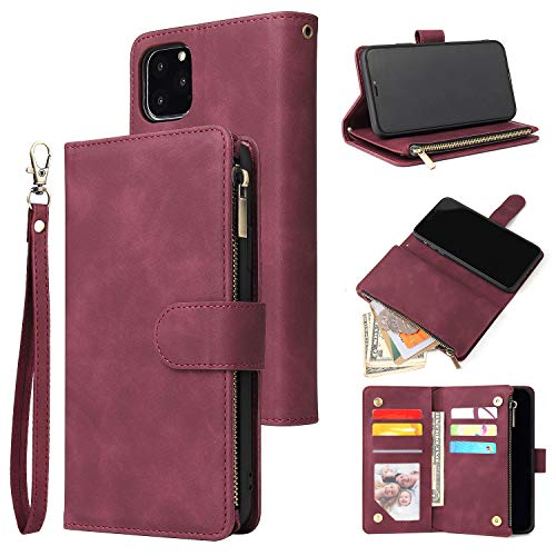 UEEBAI Brieftaschen-Schutzhülle für iPhone 11 Pro, hochwertiges Vintage-PU-Leder, Magnetverschluss, Handtasche, Reißverschlusstasche, Ständer, Kartenfächer, TPU-Stoßfeste Klapphülle, Weinrot von UEEBAI