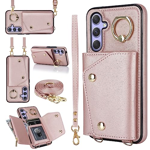 UEEBAI Crossbody Wallet Case for Samsung Galaxy A54 5G, Card Slot Phone Case with Zipper Pocket Kickstand Purse Hand Strap Cover with Removable Crossbody Wrist Strap Flip Case - Rose Gold von UEEBAI