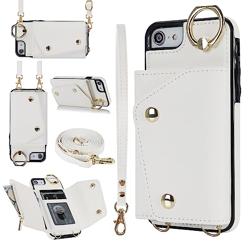 UEEBAI Crossbody Wallet Case für iPhone SE3 5G/iPhone 7/iPhone 8/iPhone SE2, Kartenschlitz, Handyhülle mit Reißverschlusstasche, Ständer, abnehmbare Crossbody-Handschlaufe, Klapphülle – Weiß von UEEBAI