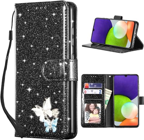 UEEBAI Handyhülle für Samsung Galaxy A55 5G, PU Lederhülle Glitzer 3D Schmetterling Hülle mit Kartenfach Schutzhülle Standfunktion Geldbörse mit Trageband Magnetverschluss Klapphülle - Schwarz UEEBAI Handyhülle für Samsung Galaxy A55 5G, PU Lederhülle Glitzer 3D Schmetterling Hülle mit Kartenfach Schutzhülle Standfunktion Geldbörse mit Trageband Magnetverschluss Klapphülle - Schwarz von UEEBAI
