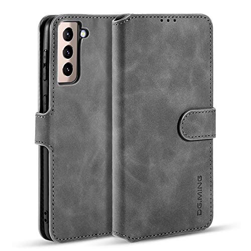 UEEBAI Handyhülle für Samsung Galaxy S21 5G, Hülle Retro Premium PU Leder Weiche Klapphülle Magnetverschluss Wallet Kartenfach Standfunktion Anti Kratzern Flip Case Trageband Schutzhülle - Grau von UEEBAI