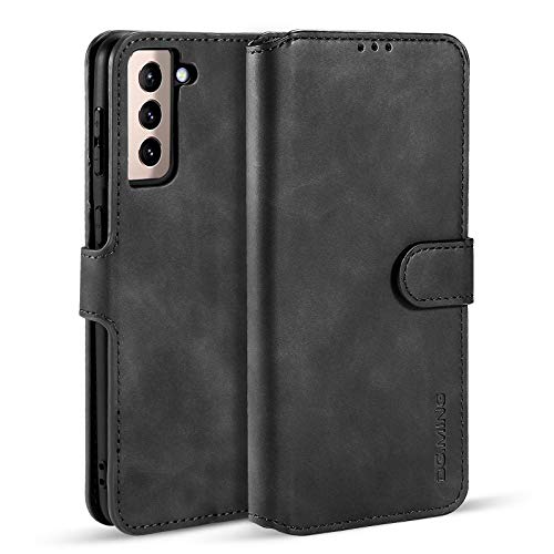 UEEBAI Handyhülle für Samsung Galaxy S21 5G, Hülle Retro Premium PU Leder Weiche Klapphülle Magnetverschluss Wallet Kartenfach Standfunktion Anti Kratzern Flip Case Trageband Schutzhülle - Schwarz von UEEBAI