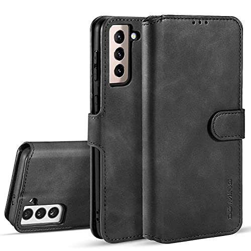 UEEBAI Handyhülle für Samsung Galaxy S21 FE 5G, Hülle Retro Premium PU Leder Weiche Klapphülle Magnetverschluss Wallet Kartenfach Standfunktion Anti Kratzern Flip Case Trageband Schutzhülle - Schwarz von UEEBAI