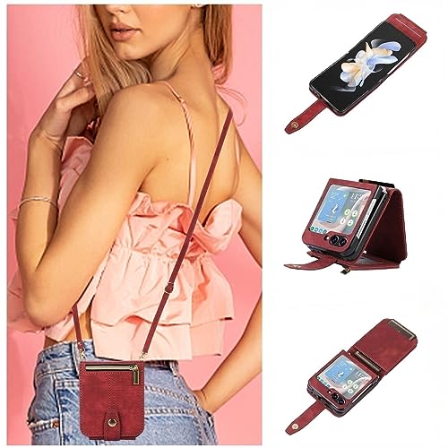 UEEBAI Handykette Hülle für Samsung Galaxy Z Flip 5 5G, 3 Kartenfäche Retro Leder Geldbörs Flip Case mit Umhängegurt Handschlaufe Standfunktion Wallet Reißverschluss Handyhülle – Rotwein von UEEBAI