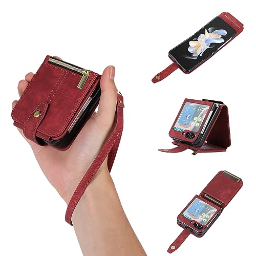 UEEBAI Handykette Hülle für Samsung Galaxy Z Flip 5 5G, 3 Kartenfäche Retro Leder Geldbörs Flip Case mit Umhängegurt Handschlaufe Standfunktion Wallet Reißverschluss Handyhülle – Rotwein von UEEBAI