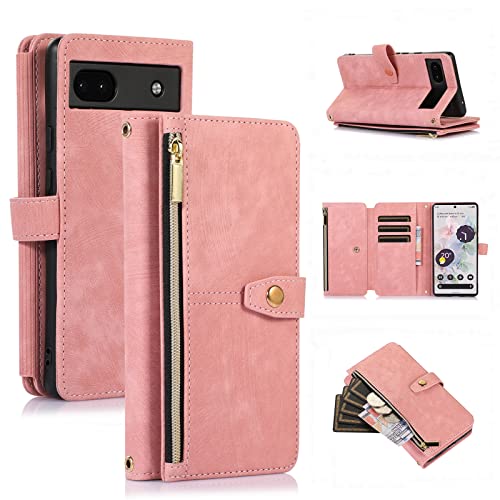 UEEBAI Hülle für Google Pixel 6a 5G, 9 Kartenfäche Retro Leder Geldbörs Flip Case mit Umhängegurt Handschlaufe Standfunktion Reißverschluss Handyhülle Magnetverschluss Wallet Stoßfest – Retro Rosa von UEEBAI