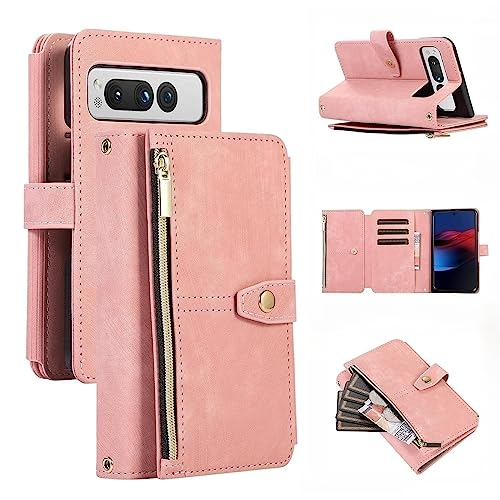 UEEBAI Hülle für Google Pixel Fold, 9 Kartenfäche Retro Leder Geldbörs Flip Case mit Umhängegurt Handschlaufe Standfunktion Reißverschluss Handyhülle Magnetverschluss Wallet Stoßfest – Retro Rosa von UEEBAI