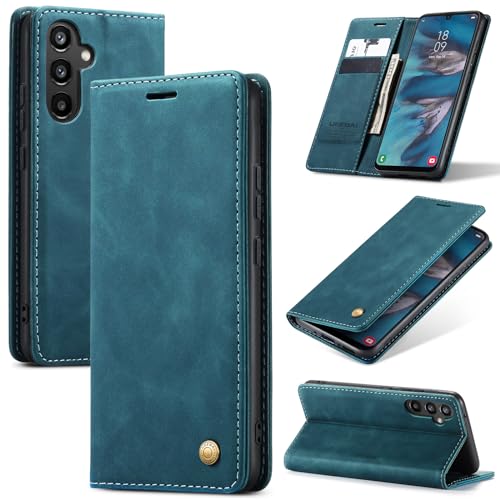 UEEBAI Hülle für Samsung Galaxy A34 5G, Retro Matte Klapphüllen PU Lederhülle Weich TPU Schutzhülle mit Kartenschlitz Ständer Magnetverschluss Stoßstange Handyhülle für Samsung A34 5G - Blau von UEEBAI