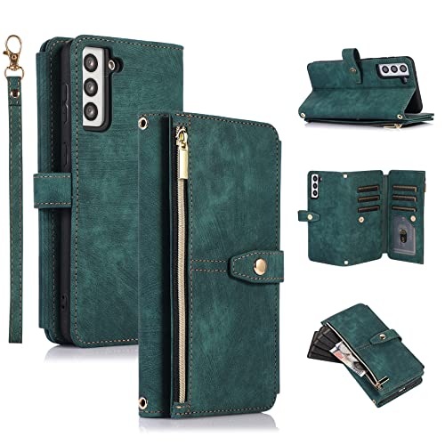 UEEBAI Hülle für Samsung Galaxy S21 Plus 5G, 9 Kartenfäche Retro Leder Geldbörse Stoßfest Flip Case mit Handschlaufe Standfunktion Reißverschluss Handyhülle Magnetverschluss Wallet– Retro Grün von UEEBAI