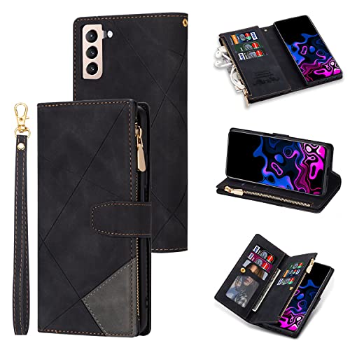 UEEBAI Hülle für Samsung Galaxy S23 Plus, Retro Reißverschluss Handyhülle PU Leder Klapphülle Silikon Bumper mit 9 Kartenfächer Standfunktion Geldbörse Trageband Schutzhülle Wallet Case - Schwarz# von UEEBAI