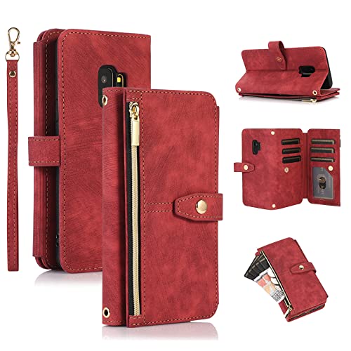 UEEBAI Hülle für Samsung Galaxy S9, 9 Kartenfäche Retro Leder Geldbörse Stoßfest Flip Case mit Handschlaufe Standfunktion Reißverschluss Handyhülle Magnetverschluss Wallet– Retro Rotwein von UEEBAI