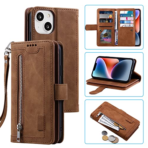 UEEBAI Hülle für iPhone 14 6.1 inch, Vintage Reißverschluss Handyhülle PU Leder Klapphülle Silikon Bumper mit 9 Kartenfächer Standfunktion Geldbörse Trageband Schutzhülle Wallet Case - Braun von UEEBAI