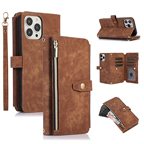 UEEBAI Hülle für iPhone 14 Pro Max 6.7 inch, 9 Kartenfäche Retro Leder Geldbörse Flip Case mit Handschlaufe Standfunktion Reißverschluss Handyhülle Magnetverschluss Wallet– Retro Braun von UEEBAI