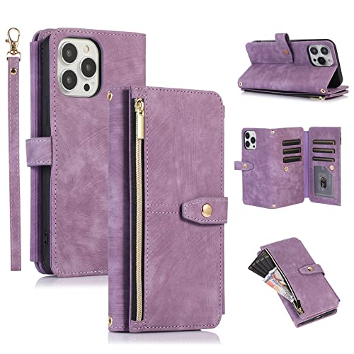 UEEBAI Hülle für iPhone 14 Pro Max 6.7 inch, 9 Kartenfäche Retro Leder Geldbörse Stoßfest Flip Case mit Handschlaufe Standfunktion Reißverschluss Handyhülle Magnetverschluss Wallet– Retro Lila von UEEBAI