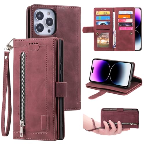 UEEBAI Hülle für iPhone 14 Pro Max 6.7 inch, Retro Reißverschluss Handyhülle PU Leder Klapphülle Bumper mit 9 Kartenfächer Standfunktion Geldbörse Trageband Schutzhülle Wallet Case - Wein Rot UEEBAI Hülle für iPhone 14 Pro Max 6.7 inch, Retro Reißverschluss Handyhülle PU Leder Klapphülle Bumper mit 9 Kartenfächer Standfunktion Geldbörse Trageband Schutzhülle Wallet Case - Wein Rot von UEEBAI