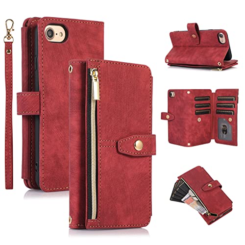 UEEBAI Hülle für iPhone SE 2022 5G/iPhone 7/iPhone 8/iPhone SE 2020, 9 Kartenfäche Retro Geldbörse Stoßfest Flip Case Handschlaufe Reißverschluss Handyhülle Wallet für iPhoneSE3/SE2 -Retro Rotwein von UEEBAI