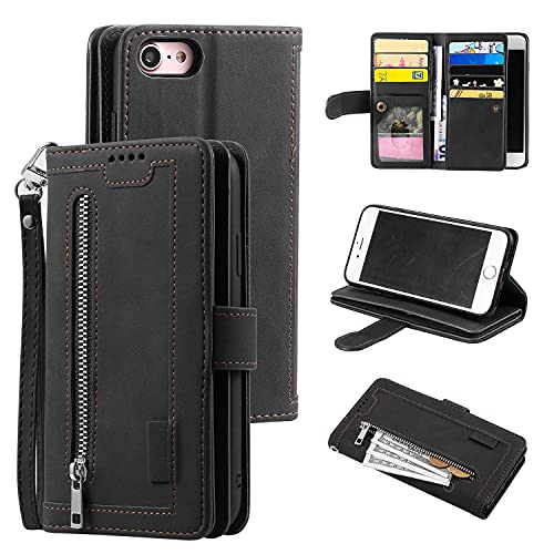 UEEBAI Hülle für iPhone SE 2022 5G/iPhone 7/iPhone 8/iPhone SE 2020, Vintage Reißverschluss Handyhülle mit 9 Kartenfächer Geldbörse Trageband Schutzhülle Flip Wallet Case für iPhone SE2/SE3 -Schwarz von UEEBAI