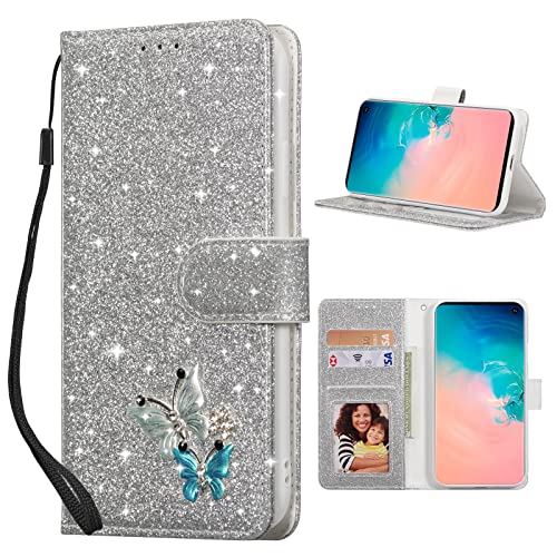 UEEBAI Klapphülle für Samsung Galaxy S10 Plus, PU Lederhülle Glitzer 3D Schmetterling Flip Cover Standfunktion mit Kartenfach Schutzhülle Diamant Glänzende Geldbörse Handschlaufe Etui - Silber UEEBAI Klapphülle für Samsung Galaxy S10 Plus, PU Lederhülle Glitzer 3D Schmetterling Flip Cover Standfunktion mit Kartenfach Schutzhülle Diamant Glänzende Geldbörse Handschlaufe Etui - Silber von UEEBAI