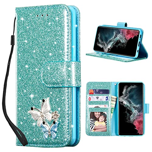 UEEBAI Klapphülle für Samsung Galaxy S22 Ultra 5G, PU Lederhülle Glitzer 3D Schmetterling Flip Cover Standfunktion Kartenfach Schutzhülle Diamant Glänzende Geldbörse Handschlaufe Etui - Mint Grün von UEEBAI