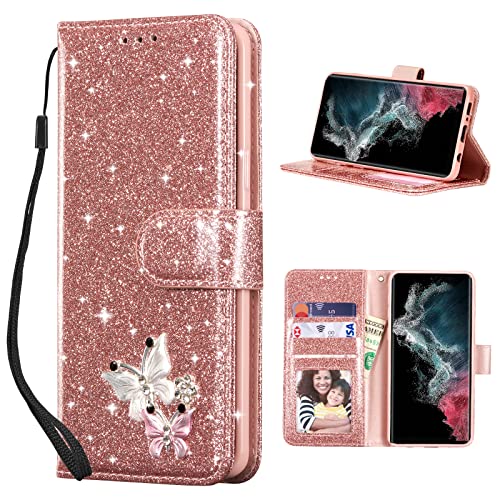 UEEBAI Klapphülle für Samsung Galaxy S22 Ultra 5G, PU Lederhülle Glitzer 3D Schmetterling Flip Cover Standfunktion Kartenfach Schutzhülle Diamant Glänzende Geldbörse Handschlaufe Etui - Roségold von UEEBAI