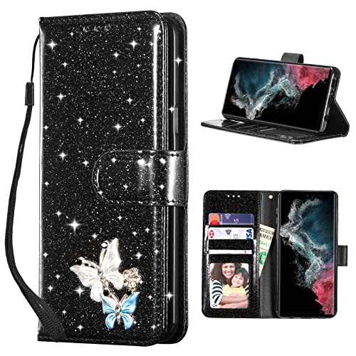 UEEBAI Klapphülle für Samsung Galaxy S22 Ultra 5G, PU Lederhülle Glitzer 3D Schmetterling Flip Cover Standfunktion mit Kartenfach Schutzhülle Diamant Glänzende Geldbörse Handschlaufe Etui - Schwarz von UEEBAI