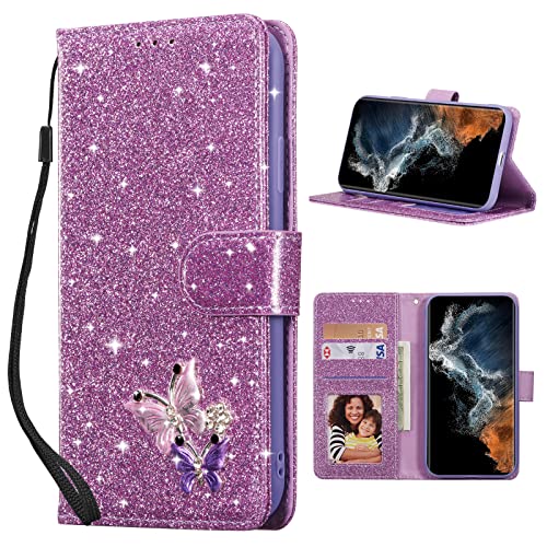 UEEBAI Klapphülle für Samsung Galaxy S22 Ultra 5G, PU Lederhülle Glitzer 3D Schmetterling Flip Cover Standfunktion mit Kartenfach Schutzhülle Diamant Glänzende Geldbörse Handschlaufe Etui - Lila UEEBAI Klapphülle für Samsung Galaxy S22 Ultra 5G, PU Lederhülle Glitzer 3D Schmetterling Flip Cover Standfunktion mit Kartenfach Schutzhülle Diamant Glänzende Geldbörse Handschlaufe Etui - Lila von UEEBAI