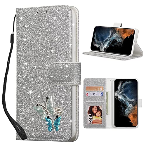 UEEBAI Klapphülle für Samsung Galaxy S24 Plus/S25 Plus 5G, PU Lederhülle Glitzer 3D Schmetterling Flip Cover mit Kartenfach Schutzhülle Standfunktion Geldbörse mit Trageband Handyhülle, Silber UEEBAI Klapphülle für Samsung Galaxy S24 Plus/S25 Plus 5G, PU Lederhülle Glitzer 3D Schmetterling Flip Cover mit Kartenfach Schutzhülle Standfunktion Geldbörse mit Trageband Handyhülle, Silber von UEEBAI