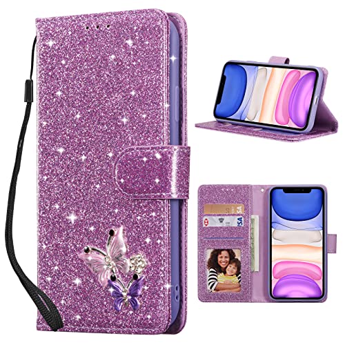 UEEBAI Klapphülle für iPhone 13 6.1 inch, PU Lederhülle Glitzer 3D Schmetterling Flip Cover Standfunktion mit Kartenfach Schutzhülle Diamant Glänzende Geldbörse Handschlaufe Etui - Lila von UEEBAI