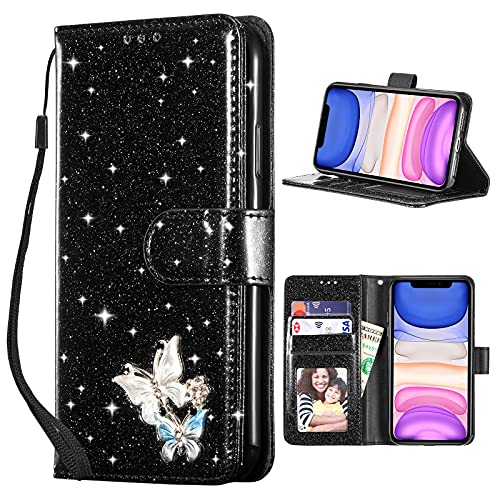 UEEBAI Klapphülle für iPhone 14 6.1 inch, PU Lederhülle Glitzer 3D Schmetterling Flip Cover Standfunktion mit Kartenfach Schutzhülle Diamant Glänzende Geldbörse Handschlaufe Etui - Schwarz von UEEBAI