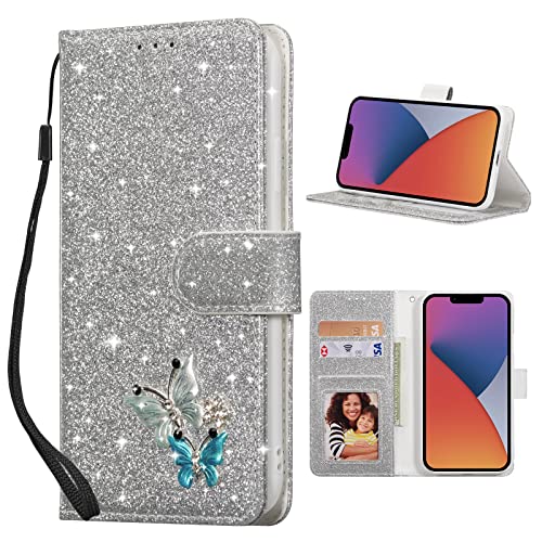 UEEBAI Klapphülle für iPhone 14 6.1 inch, PU Lederhülle Glitzer 3D Schmetterling Flip Cover Standfunktion mit Kartenfach Schutzhülle Diamant Glänzende Geldbörse Handschlaufe Etui - Silber von UEEBAI